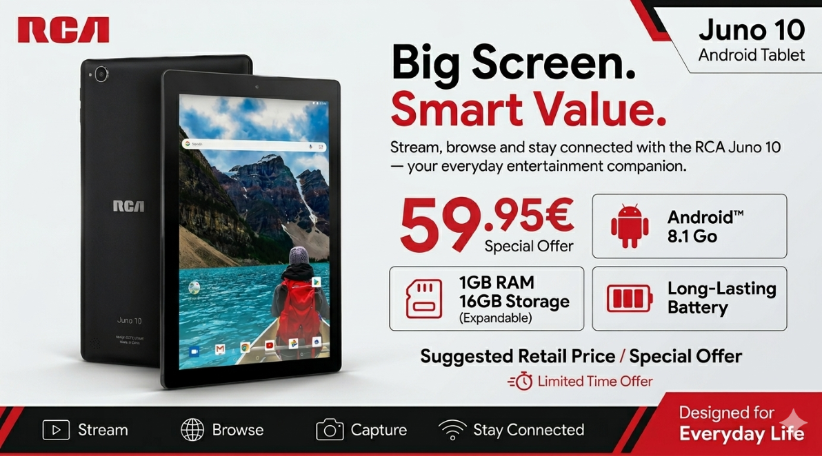 RCA Juno 10 Tablet 10.1" Android Tablet – 1GB RAM / 16GB Storage